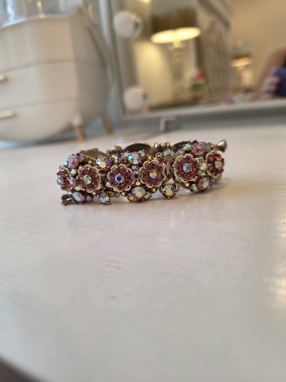 Vintage Pink Aurora Borealis Rhinestone Floral Bracelet AB Statement Jewerly